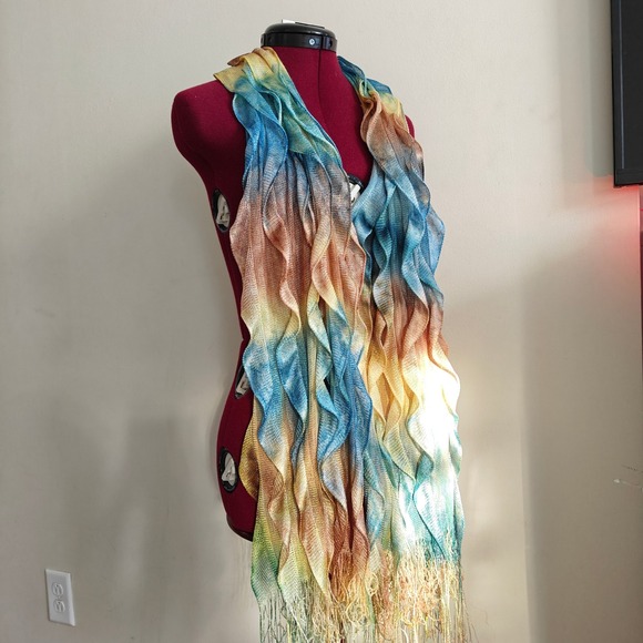 Scarf Ruffle Knit Ombre Blue Tan Yellow Fringe Lightweight Made in Korea Y2K - Picture 2 of 7